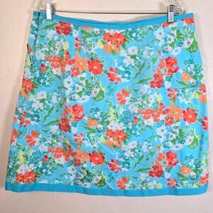 L.L.Bean Favorite Fit Straight Skirt 16R Turquoise Orange Floral Summer Casual